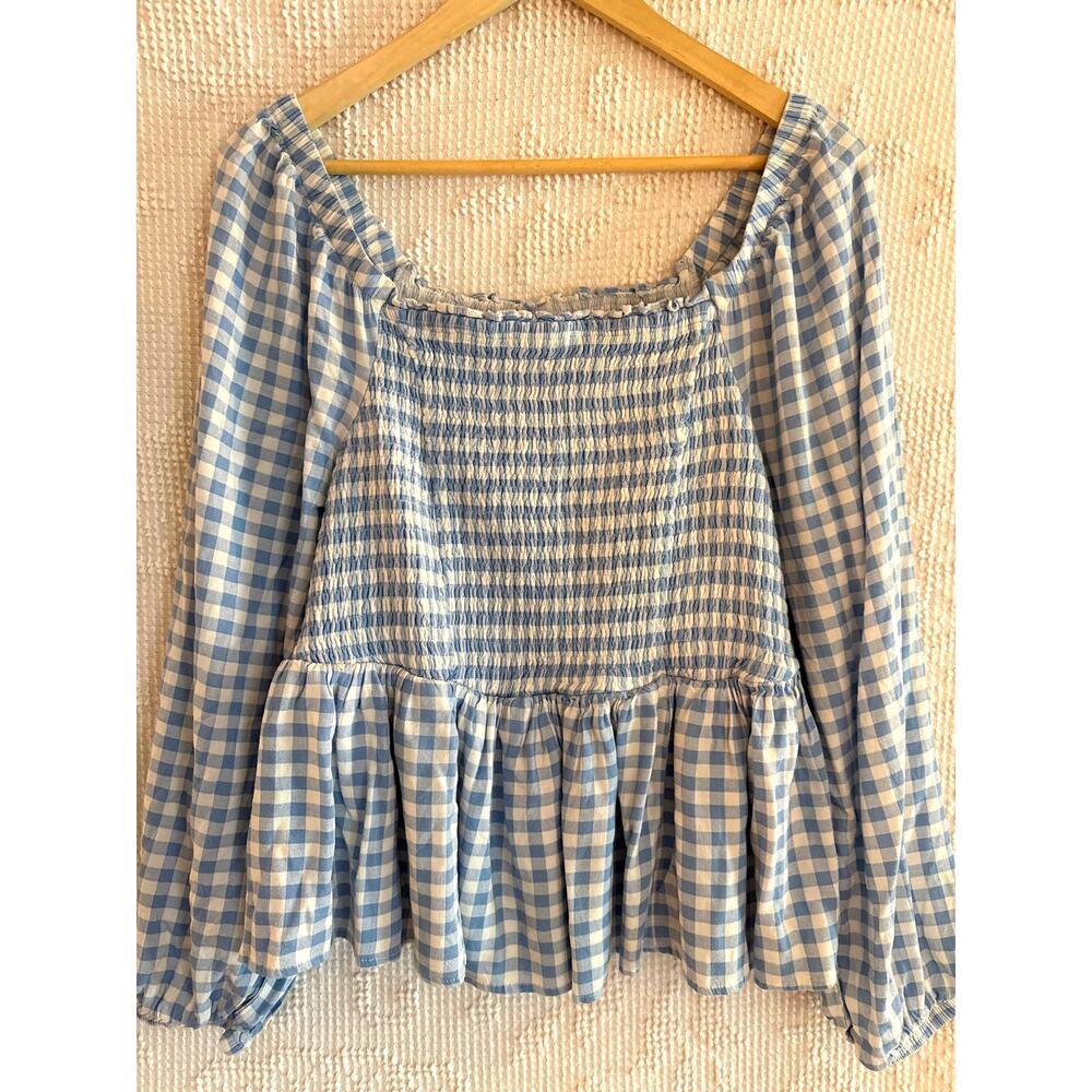 TORRID Blue Gingham Babydoll Top Long Sleeve Size 2 XXL